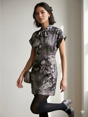 Anna Sui Silk Black and Gray Abstract Print Mini Dress